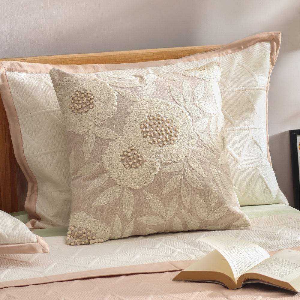 Hellebore Embroidered Cushion Cover 45x45cm - Beige Cream