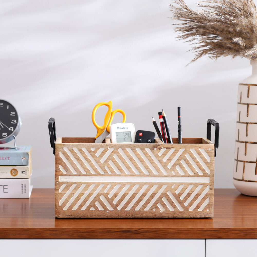 Herringbone Rectangular Sectioned Caddy - Vintage White