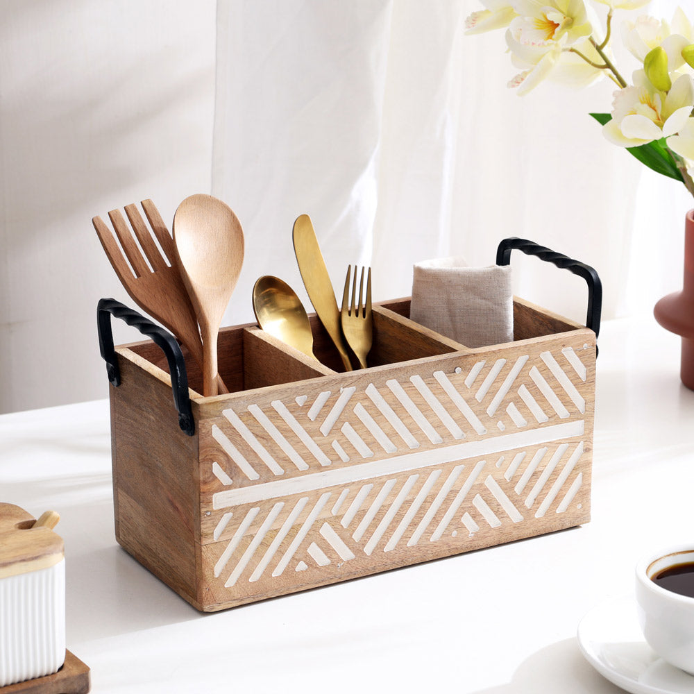 Herringbone Rectangular Sectioned Caddy - Vintage White