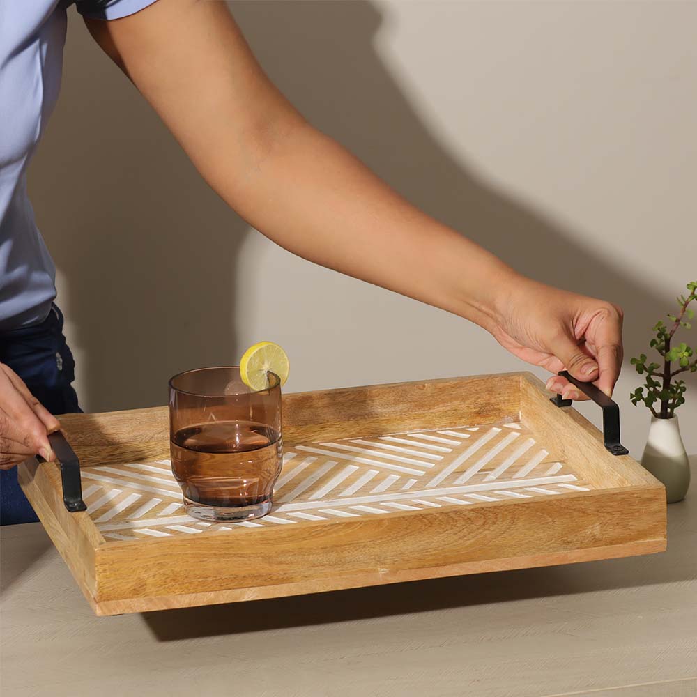 Herringbone Carved Serving Tray Large - Vintage White