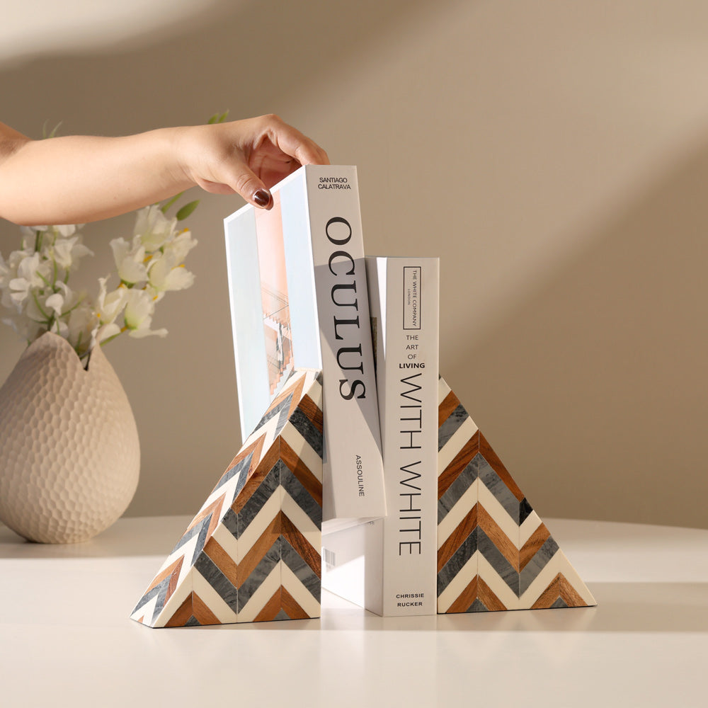 Herringbone Triangular Resin Bookends, Set of 2 - Earthy