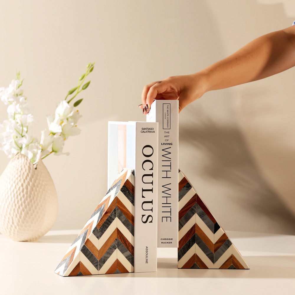 Herringbone Triangular Resin Bookends, Set of 2 - Earthy