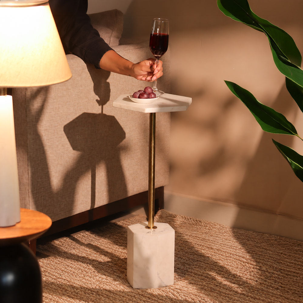Hex Marble Pedestal Drink Table - White Gold