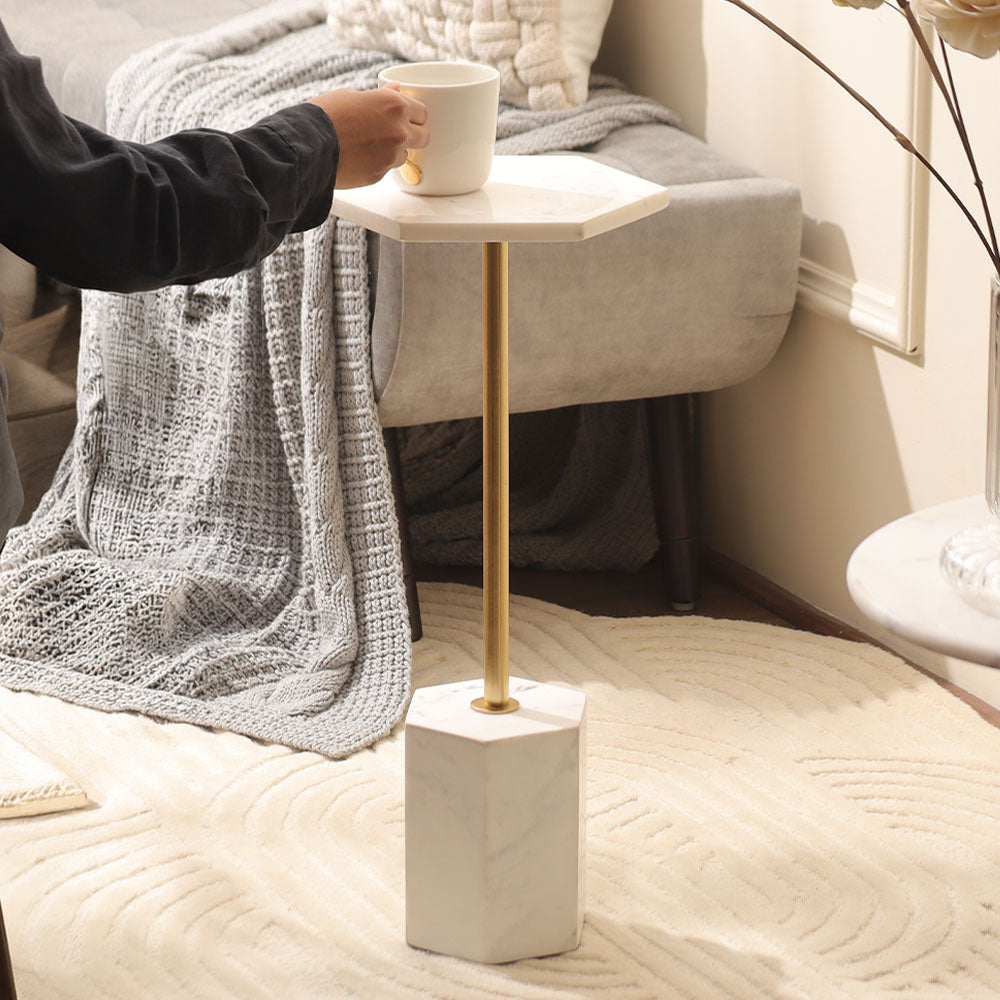 Hex Marble Pedestal Drink Table - White Gold
