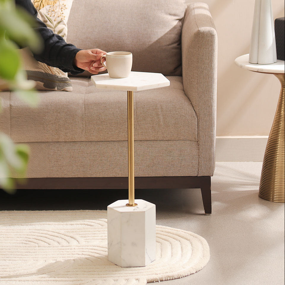 Hex Marble Pedestal Drink Table - White Gold