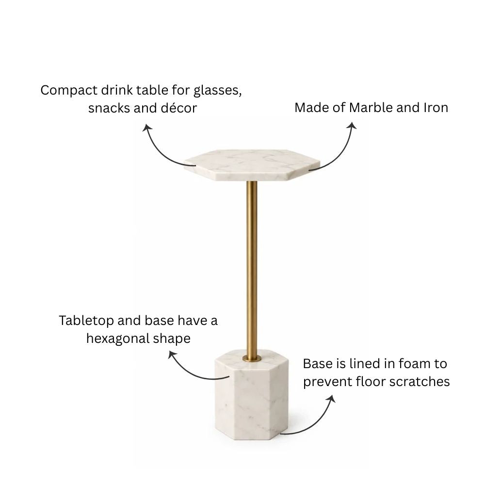 Hex Marble Pedestal Drink Table - White Gold