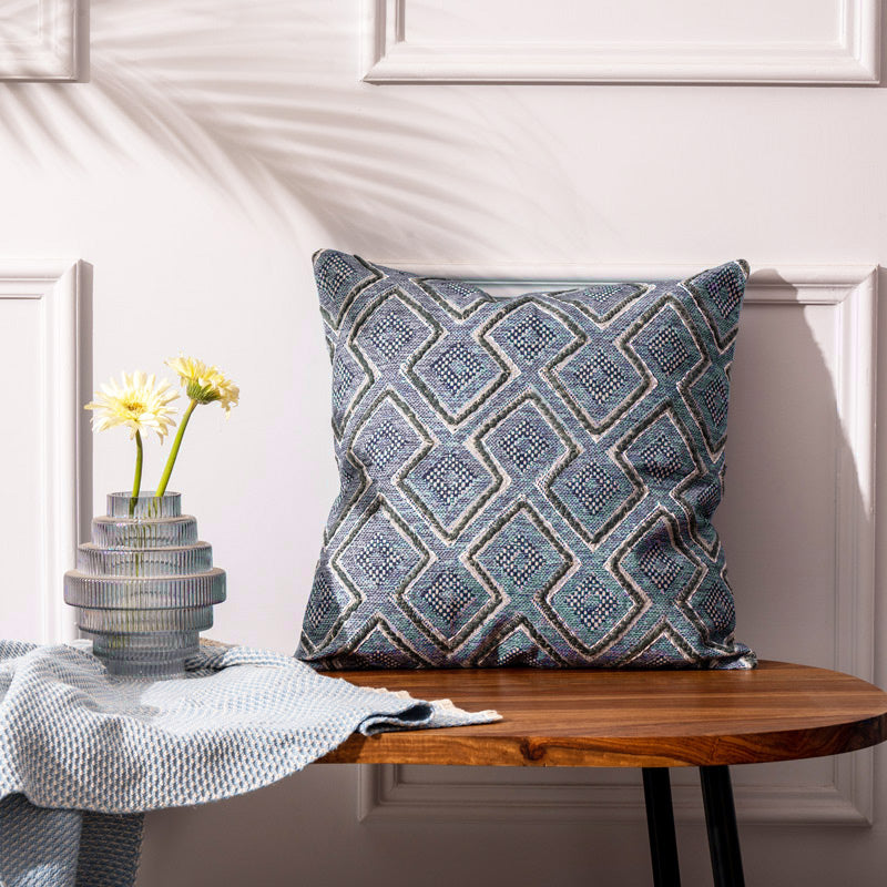 Hexa Embroidered Cushion Cover - Blue