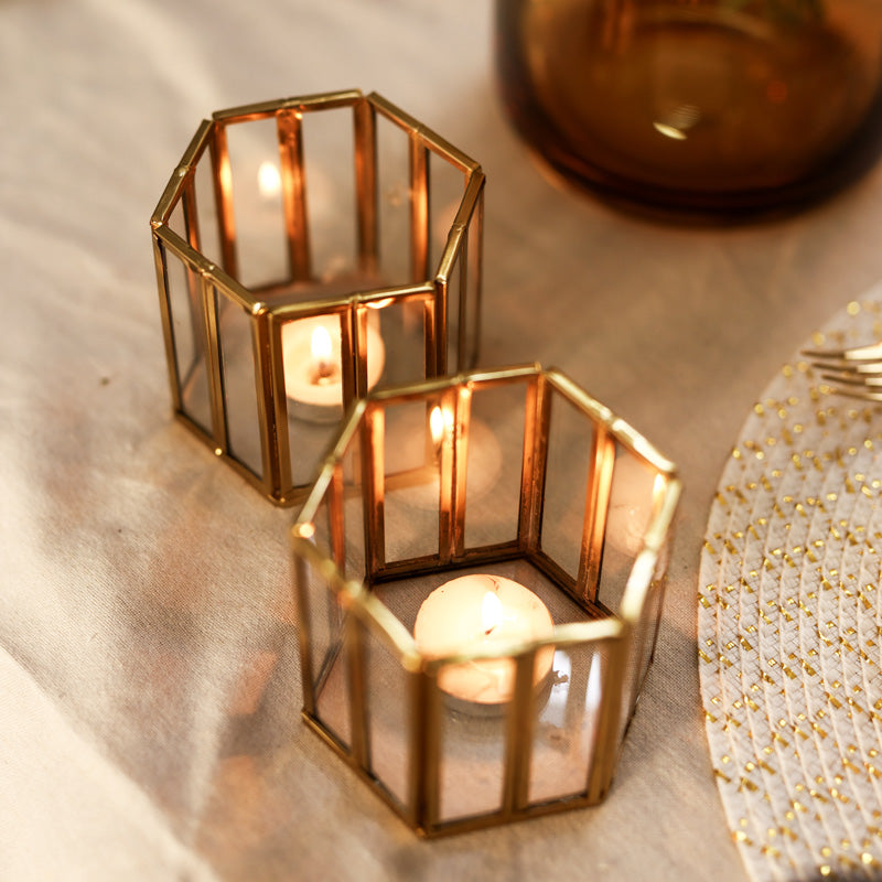 Hexagon Tealight Holders 2-Piece Gift Set - Gold