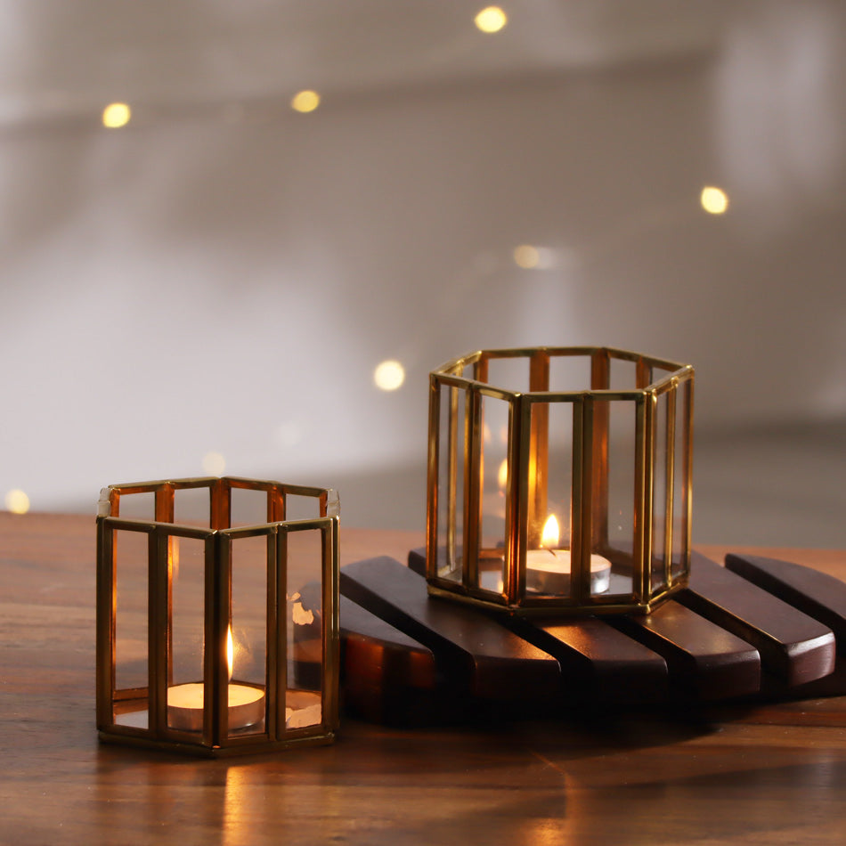 Hexagon Tealight Holders 2-Piece Gift Set - Gold