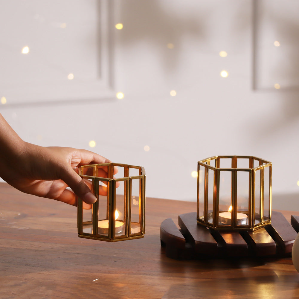 Hexagon Tealight Holders Tall, Set of 2 - Gold