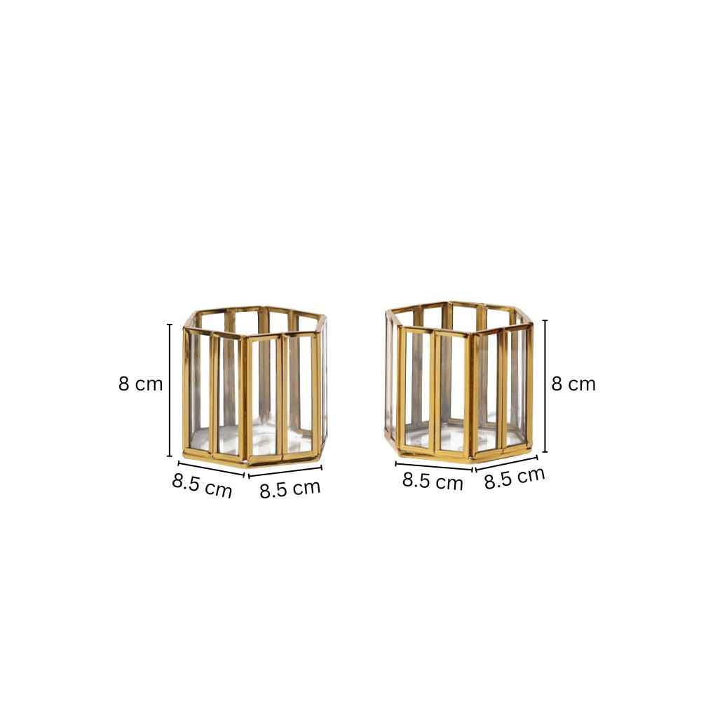 Hexagon Tealight Holders Tall, Set of 2 - Gold