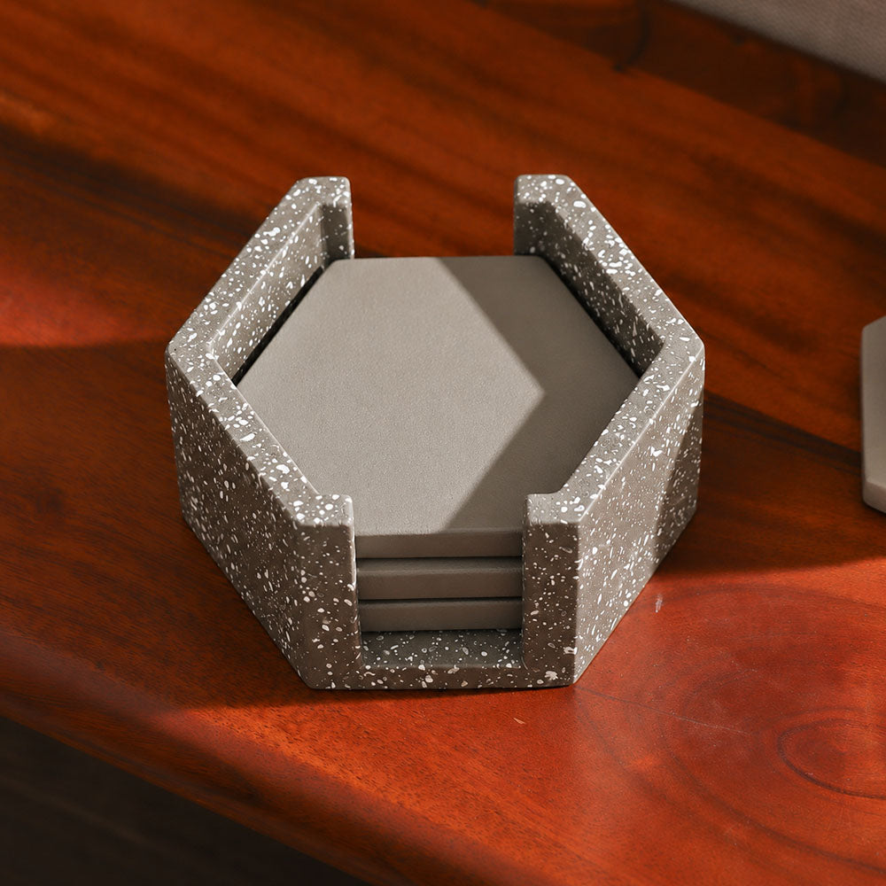 Hexagonal Concrete Coasters with Holder, Set of 4 - Speckled Grey
