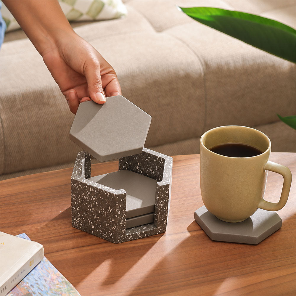 Hexagonal Concrete Coasters with Holder, Set of 4 - Speckled Grey