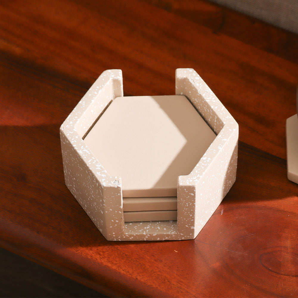 Hexagonal Concrete Coasters with Holder, Set of 4 - Speckled Taupe