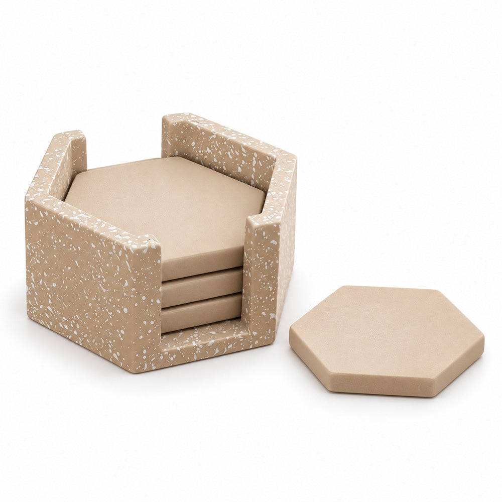 Hexagonal Concrete Coasters with Holder, Set of 4 - Speckled Taupe