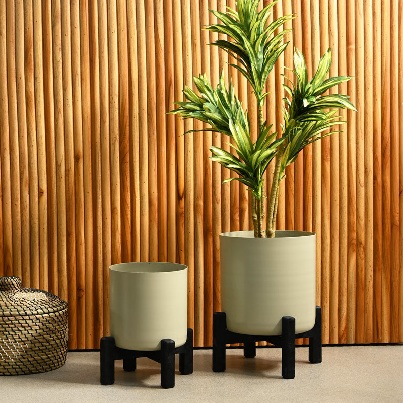 Hila Round Planters with Wooden Stands, Set of 2 - Greige