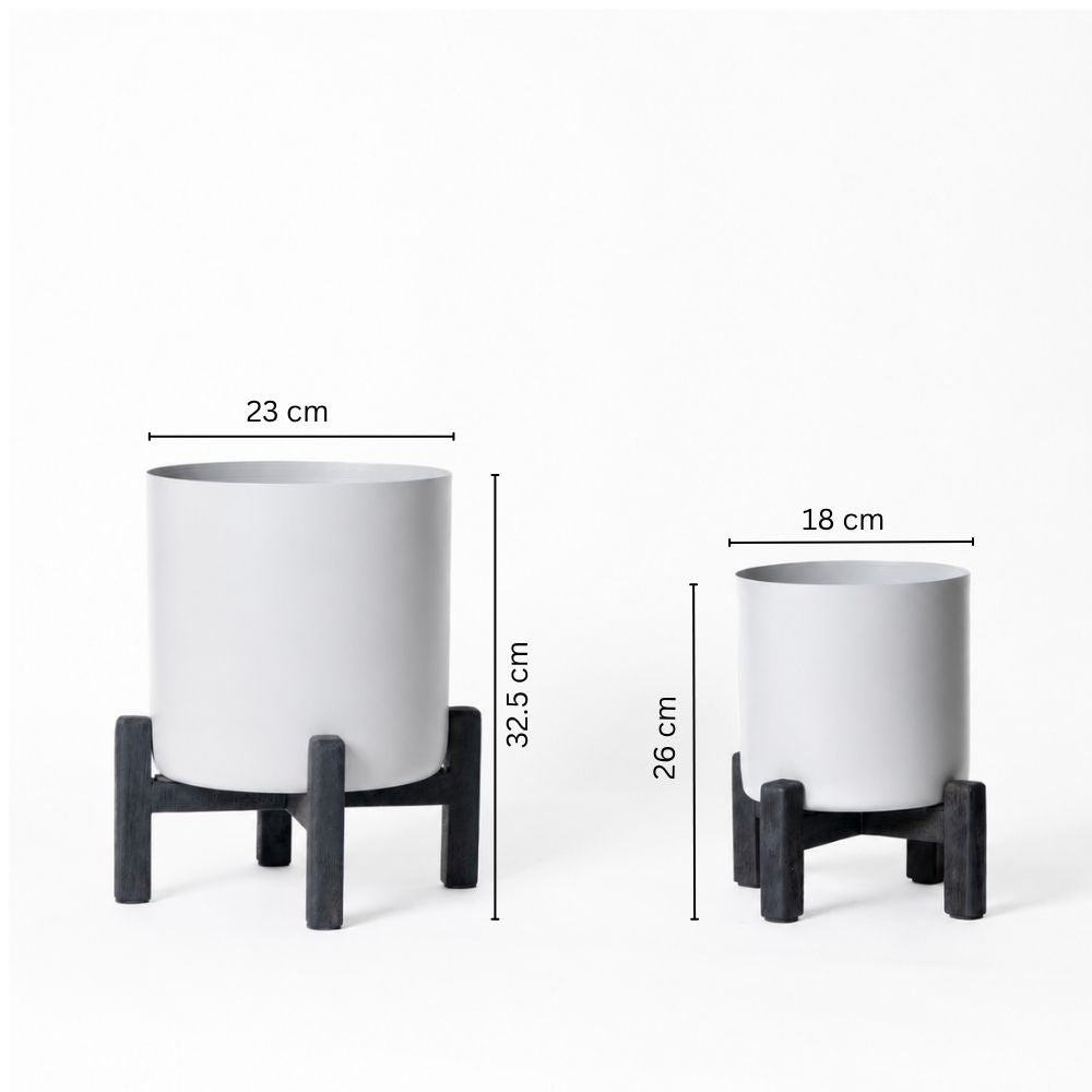 Hila Round Planters with Wooden Stands, Set of 2 - Light Grey
