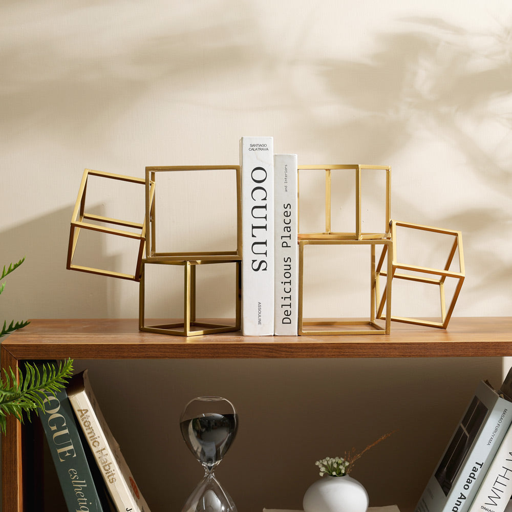 Hollow Blocks Metal Bookends, Set of 2 - Gold