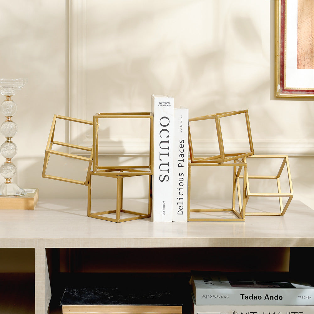 Hollow Blocks Metal Bookends, Set of 2 - Gold
