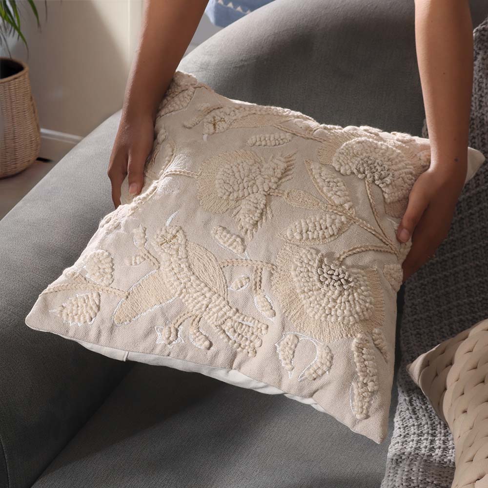 Hummingbird Tufted Embroidered Cotton Cushion Cover 45x45cm - Beige