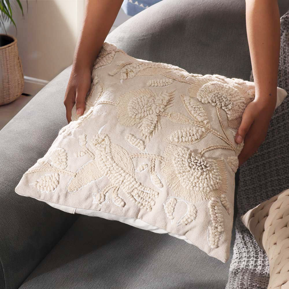 Hummingbird Tufted Embroidered Cotton Cushion Cover 45x45cm - Beige