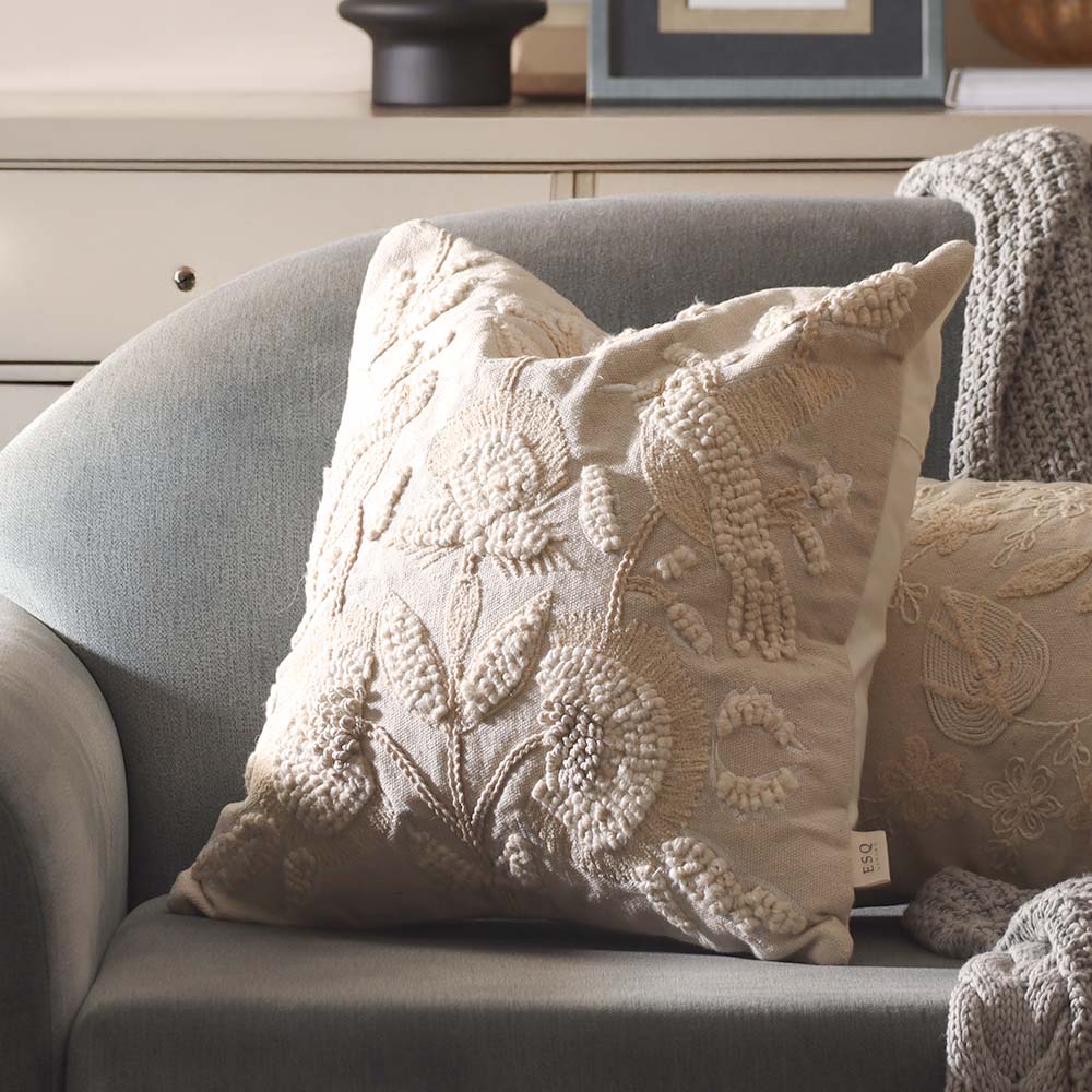 Hummingbird Tufted Embroidered Cotton Cushion Cover 45x45cm - Beige