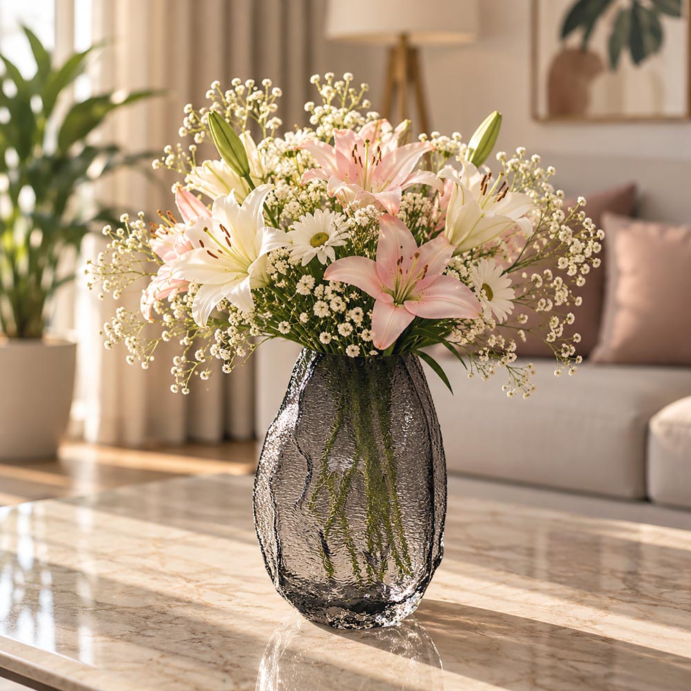 Ignis Textured Glass Vase Medium - Pale Grey