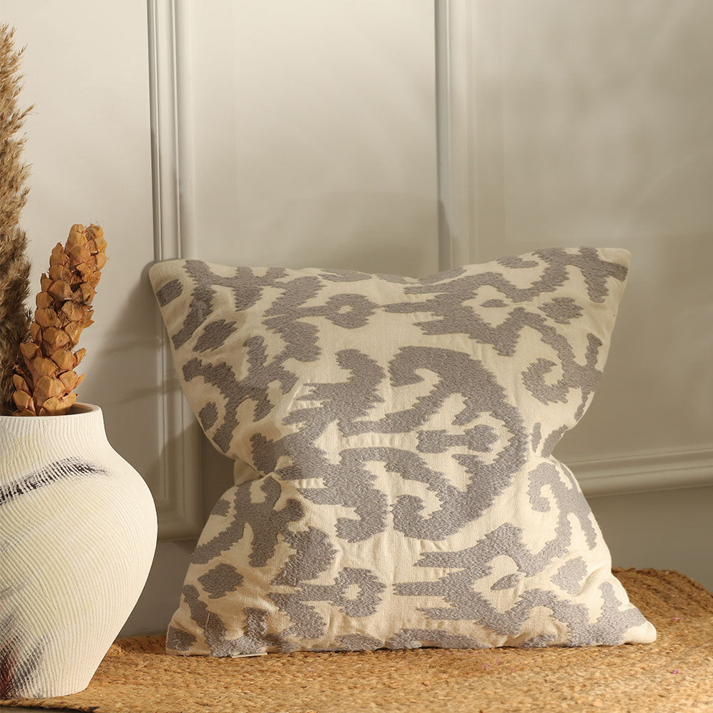 Ikat Embroidered Cotton Cushion Cover 45x45cm - White Grey