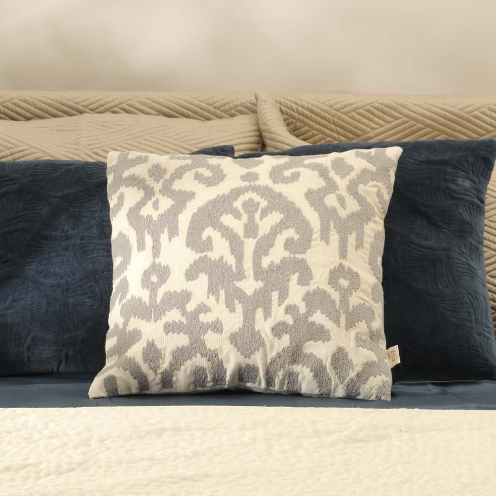 Ikat Embroidered Cotton Cushion Cover 45x45cm - White Grey