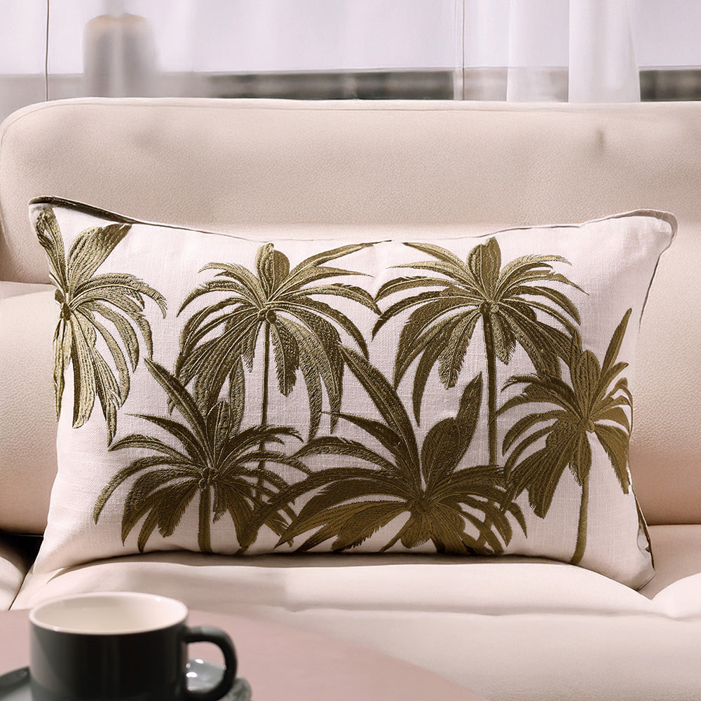 Palm Embroidered Rectangular Cushion Cover 30x50cm - Green White