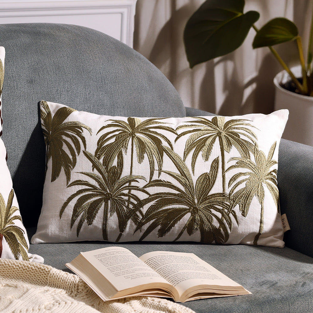 Palm Embroidered Rectangular Cushion Cover 30x50cm - Green White