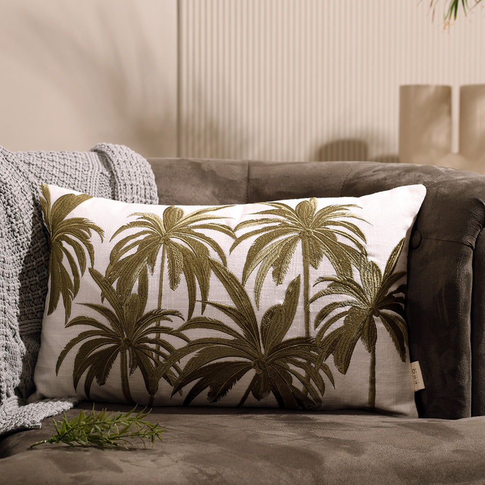 Palm Embroidered Rectangular Cushion Cover 30x50cm - Green White