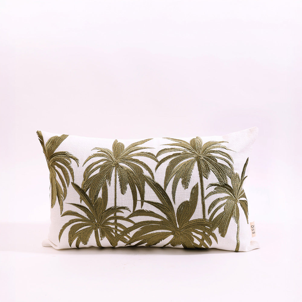 Palm Embroidered Rectangular Cushion Cover 30x50cm - Green White