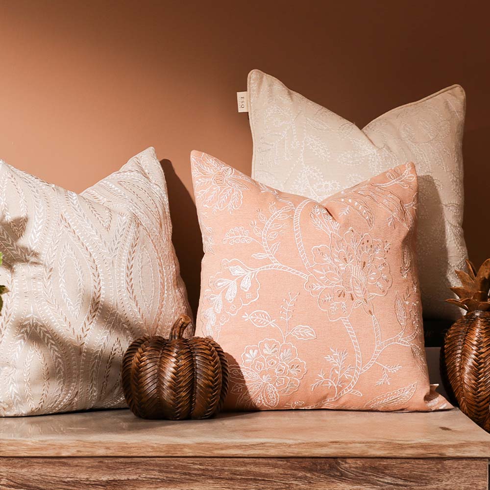 Jacobean Embroidered Cushion Cover 45x45cm - White Peach