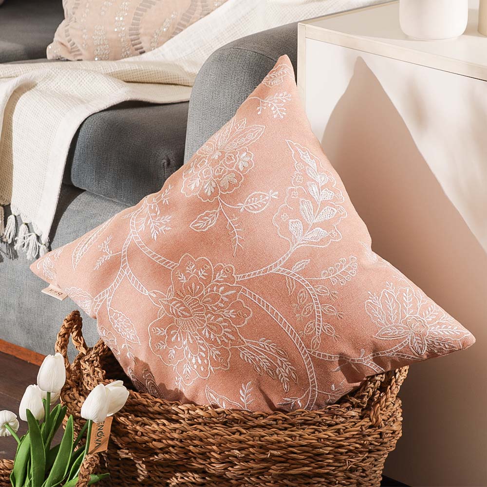 Jacobean Embroidered Cushion Cover 45x45cm - White Peach