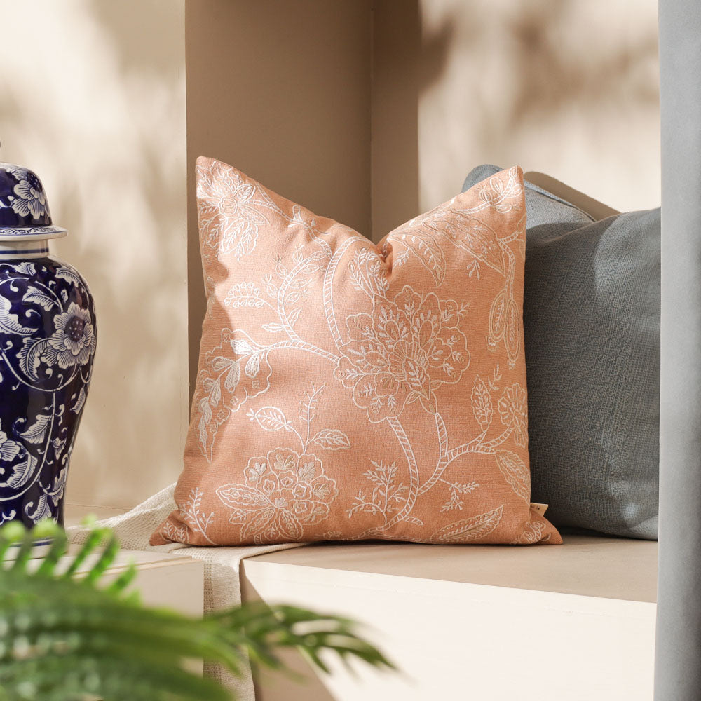 Jacobean Embroidered Cushion Cover 45x45cm - White Peach