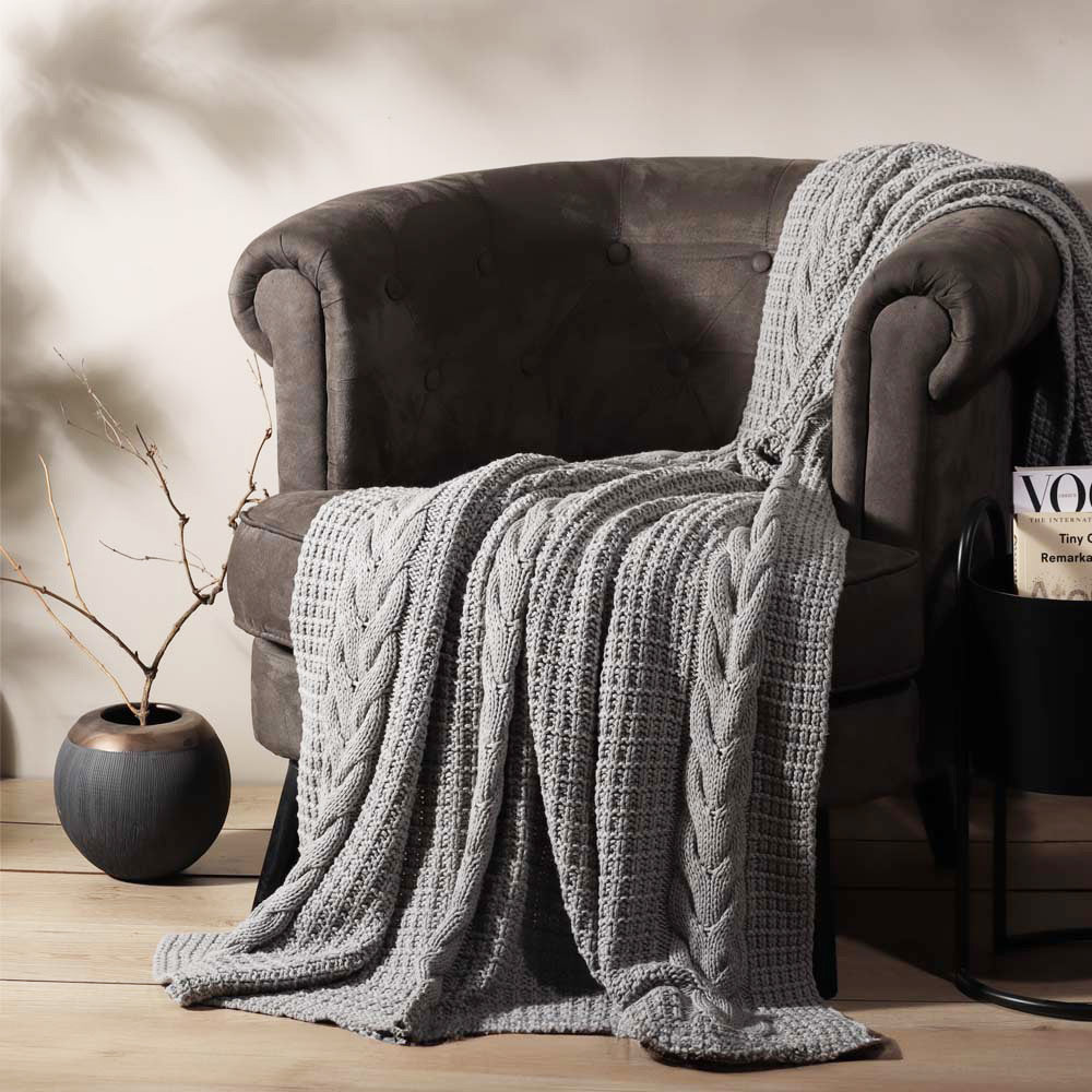 Wishbone Knitted Throw - Grey