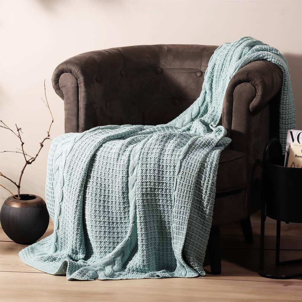 Wishbone Knitted Throw - Light Blue