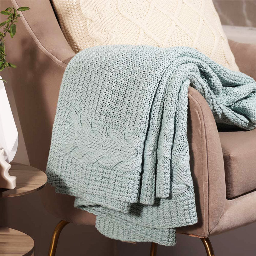 Wishbone Knitted Throw - Light Blue