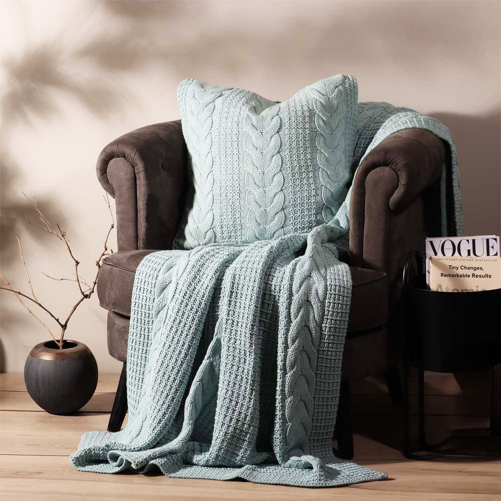 Wishbone Knitted Throw - Light Blue