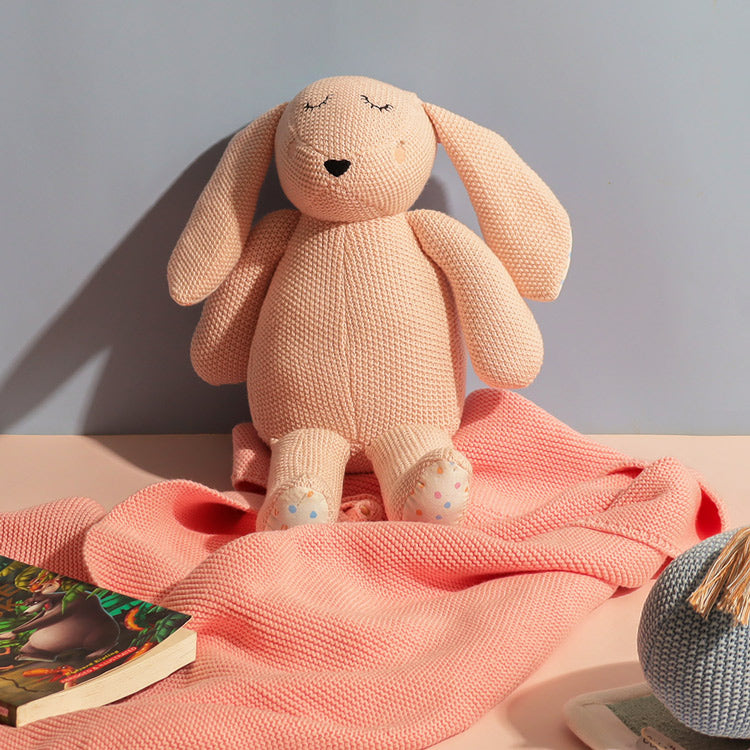 Pomme Knitted Soft Toy and Blanket Set Pink Bunny Modern Quests