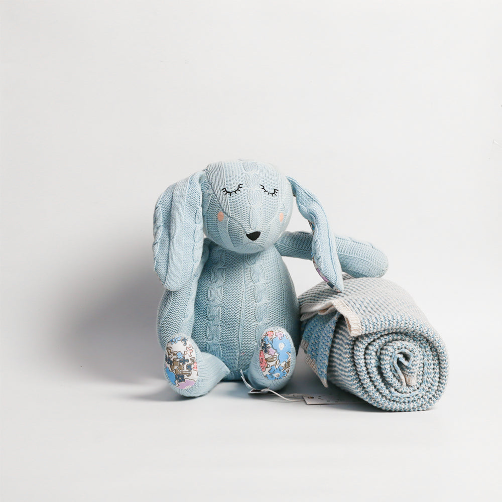 Knitted Soft Toy and Blanket Set - Blue Bunny