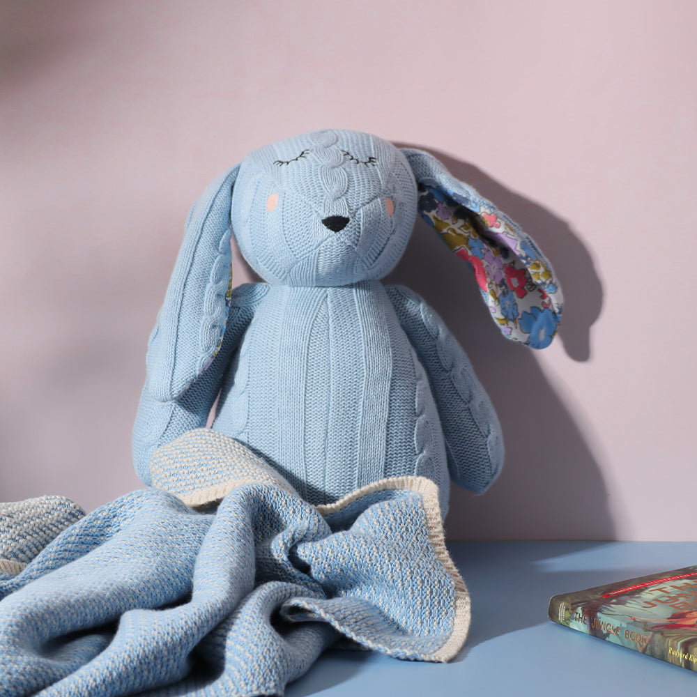 Knitted Soft Toy and Blanket Set - Blue Bunny