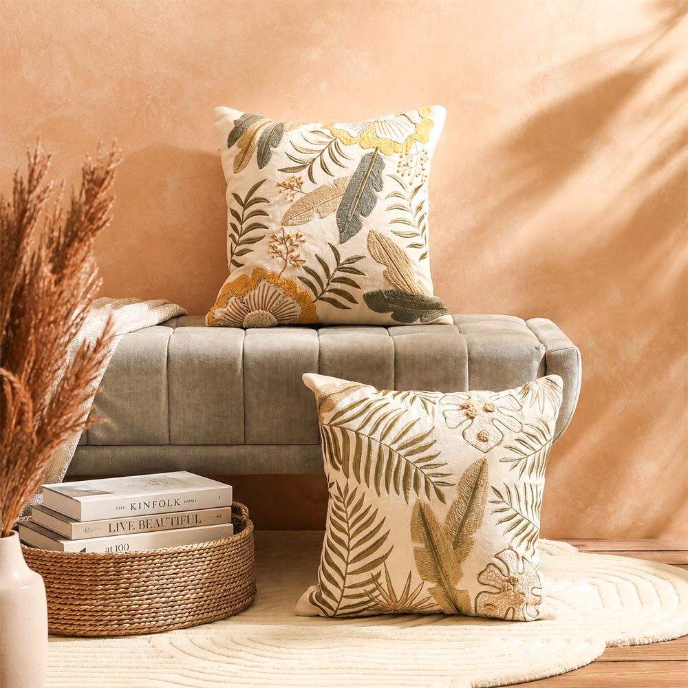 Leafy Embroidered Cushion Cover 45x45cm - Multicolor
