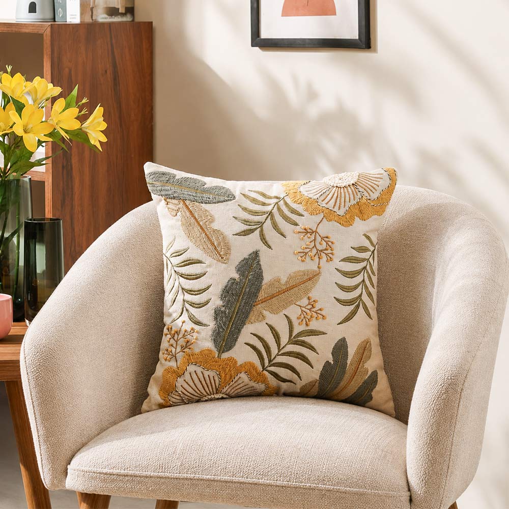 Leafy Embroidered Cushion Cover 45x45cm - Multicolor