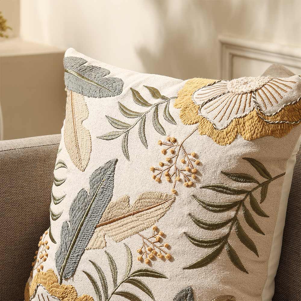 Leafy Embroidered Cushion Cover 45x45cm - Multicolor
