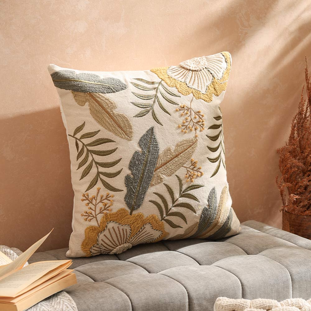 Leafy Embroidered Cushion Cover 45x45cm - Multicolor