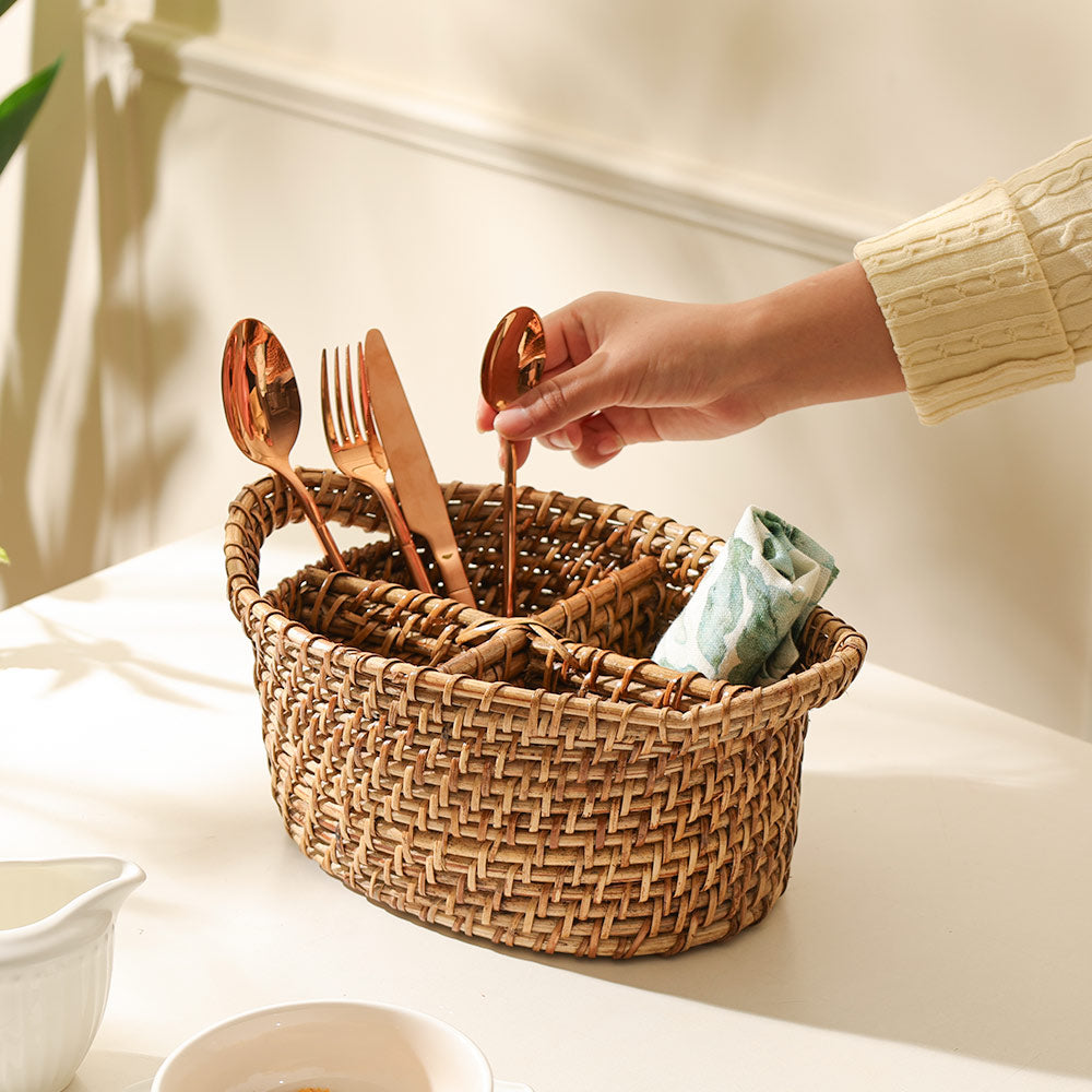 Tara Rattan Oval Multi-compartment Basket - Natural