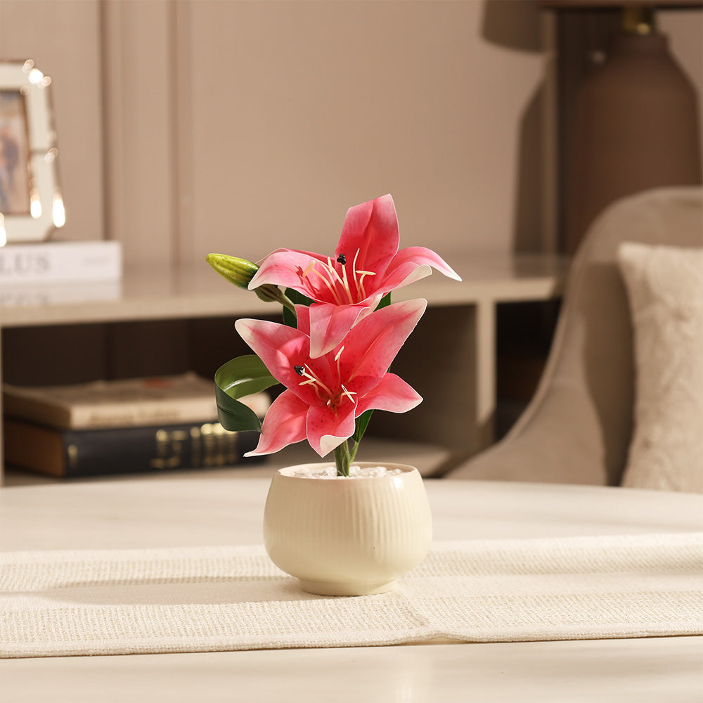 Lilies Artificial Potted Plant - Magenta Cream
