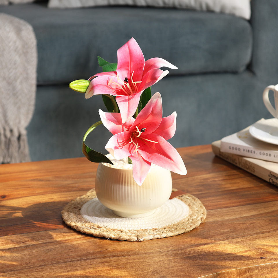 Lilies Artificial Potted Plant - Magenta Cream